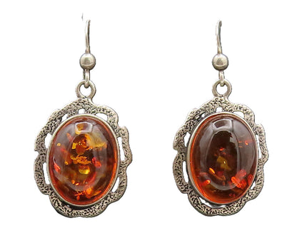 POLAND 925 Silver  Vintage Large Amber Halo Cutout Flower Earrings  EG12594