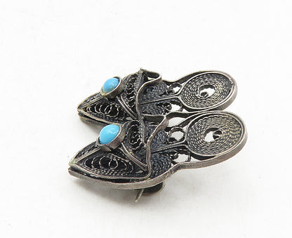 925 Sterling Silver  Vintage Antique Petite Turquoise Shoes Brooch Pin  BP3537