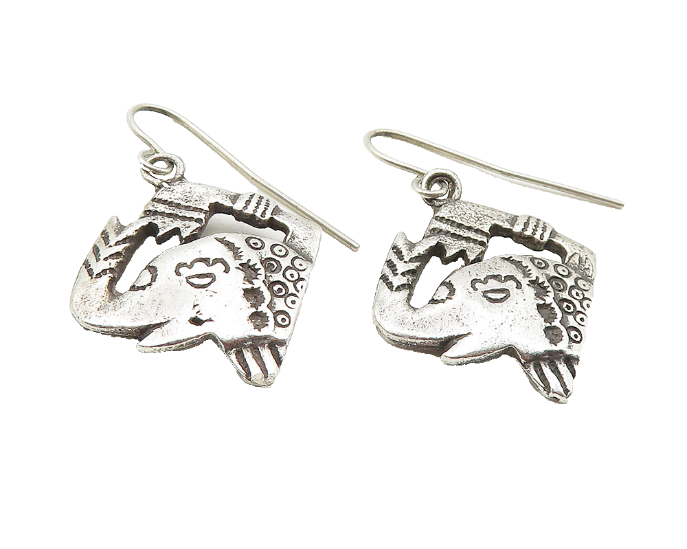 925 Sterling Silver  Vintage Etched Elephant's Head Dangle Earrings  EG5919