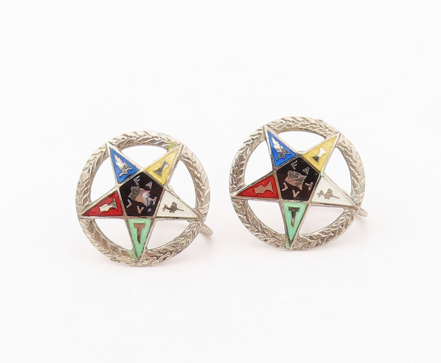 925 Sterling Silver Vintage Earrings Enameled Order Of The Eastern Star  EG13457