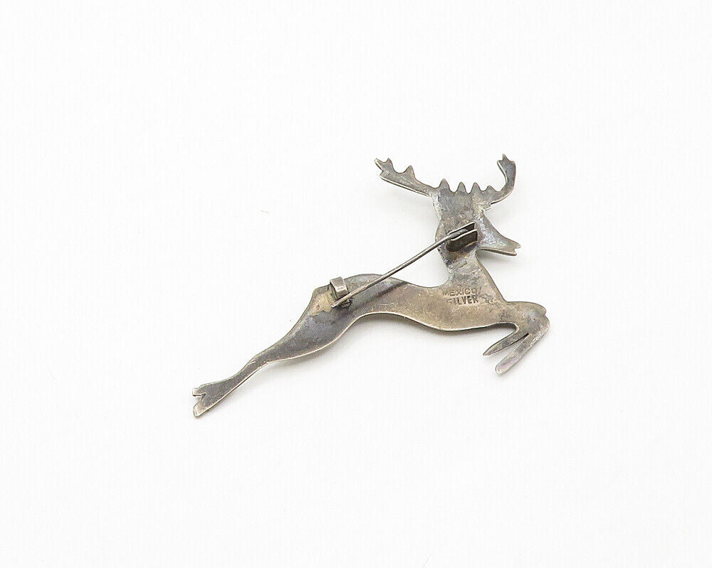 MEXICO 925 Silver - Vintage Antique Turquoise Eye Reindeer Brooch Pin - BP7013