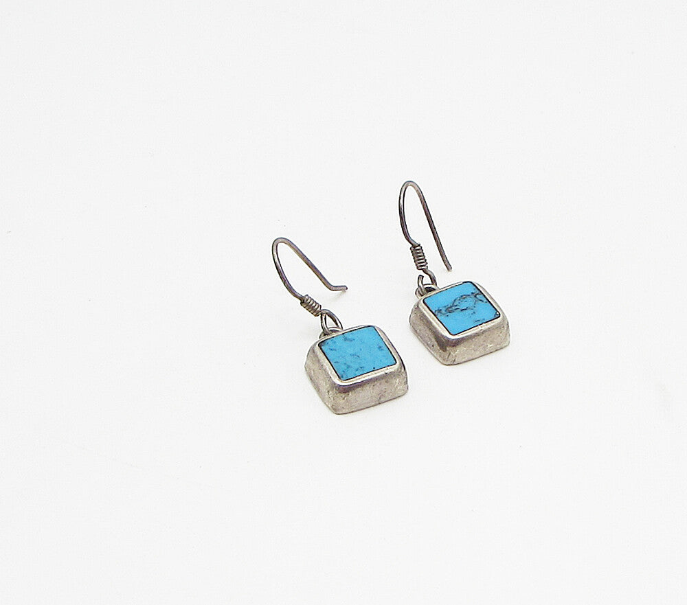 MEXICO 925 Silver  Vintage Bezel Set Inlay Turquoise Drop Earrings  EG1964