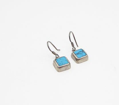 MEXICO 925 Silver  Vintage Bezel Set Inlay Turquoise Drop Earrings  EG1964