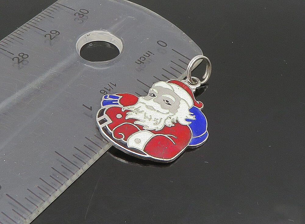 925 Sterling Silver  Vintage Enamel Santa Clause Christmas Pendant  PT19510
