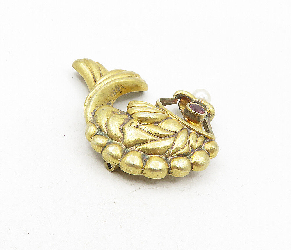 925 Sterling Silver  Vintage Red Topaz & Pearl Fish Motif Brooch Pin  BP3367