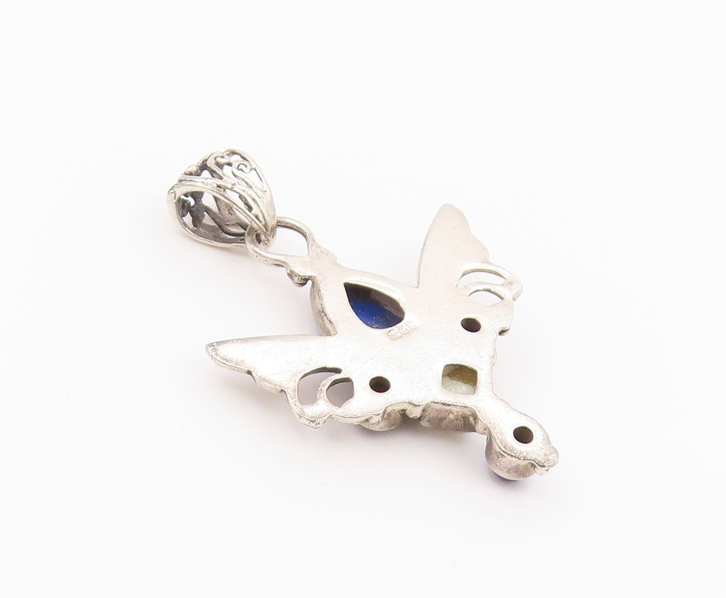 925 Sterling Silver Vintage Pendant Lapis Lazuli & Pearl Angel Wing  PT26427