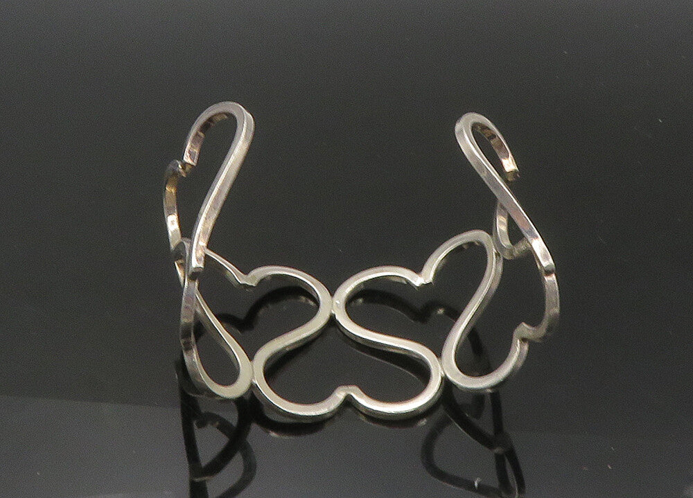 MEXICO 925 Silver  Vintage Shiny Up & Down Love Hearts Cuff Bracelet  BT8849