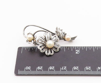 925 Sterling Silver  Vintage Cultured Pearls Flower Cutout Brooch Pin  BP9495
