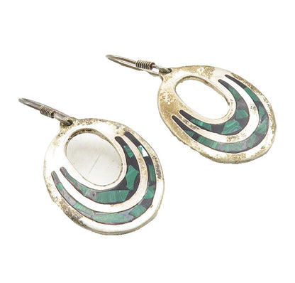 MEXICO 925 Sterling Silver  Vintage Malachite Mosaic Dangle Earrings  EG5333