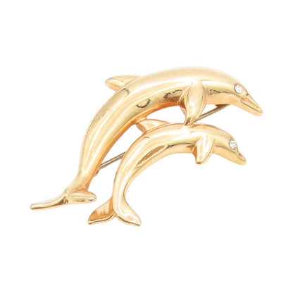 925 Sterling Silver Vintage Brooch Gold Plated CZ Dolphin Mother & Baby  BP11806