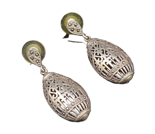 925 Silver  Vintage Carved Openwork Marcasite Accent Dangle Earrings  EG12080