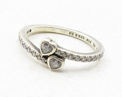 PANDORA 925 Silver  Cubic Zirconia Love Heart Bypass Band Ring Sz 6  RG12619