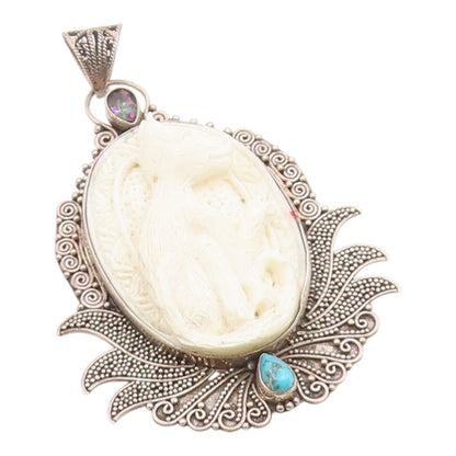 925 Sterling Silver Vintage Pendant Mystic Topaz & Turquoise Carved Cat  PT26200