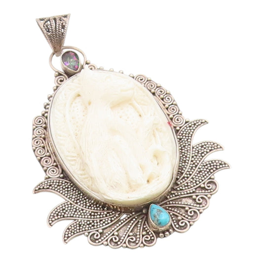 925 Sterling Silver Vintage Pendant Mystic Topaz & Turquoise Carved Cat  PT26200