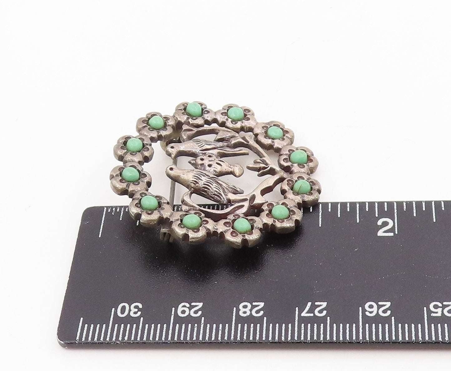 925 Sterling Silver Vintage Brooch Pin MEXICO Turquoise Lovebirds Flower BP12229