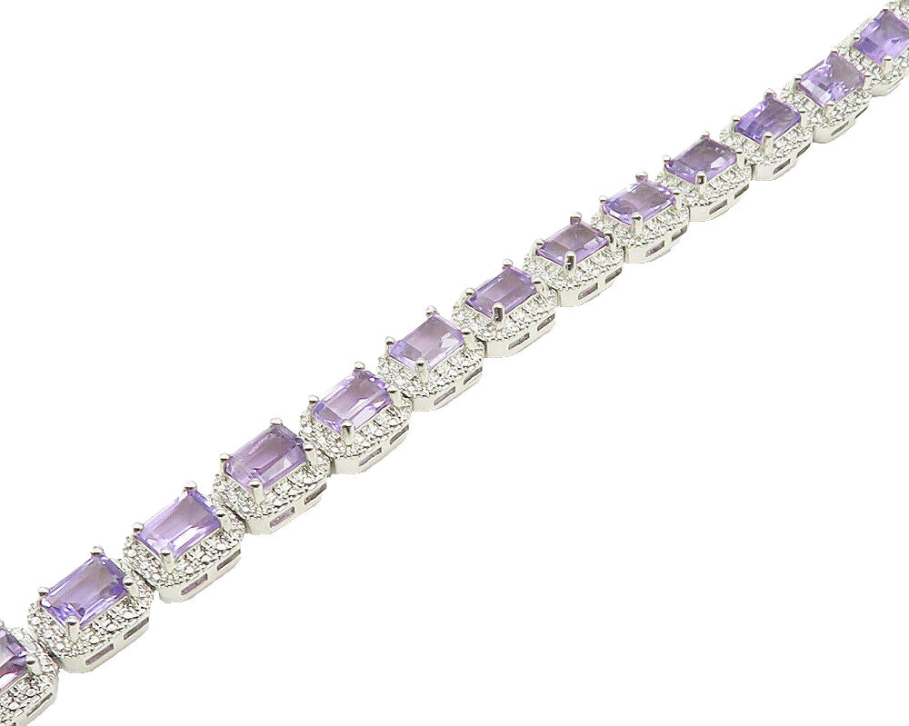 925 Sterling Silver  Prong Set Shiny Amethyst Hinge Chain Bracelet  BT7353