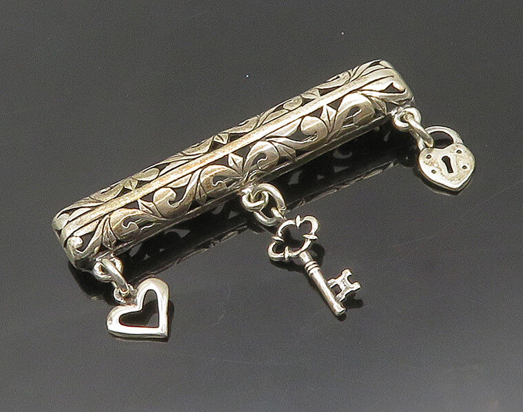 925 Sterling Silver  Vintage Shiny Heart Lock & Key Charmed Brooch Pin  BP7471