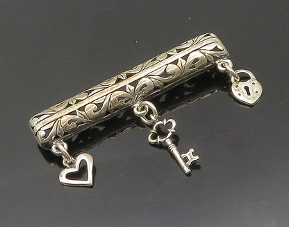 925 Sterling Silver  Vintage Shiny Heart Lock & Key Charmed Brooch Pin  BP7471