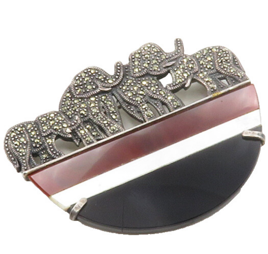 925 Silver  Vintage Black Onyx Mother Of Pearl & Carnelian Brooch Pin  BP6645