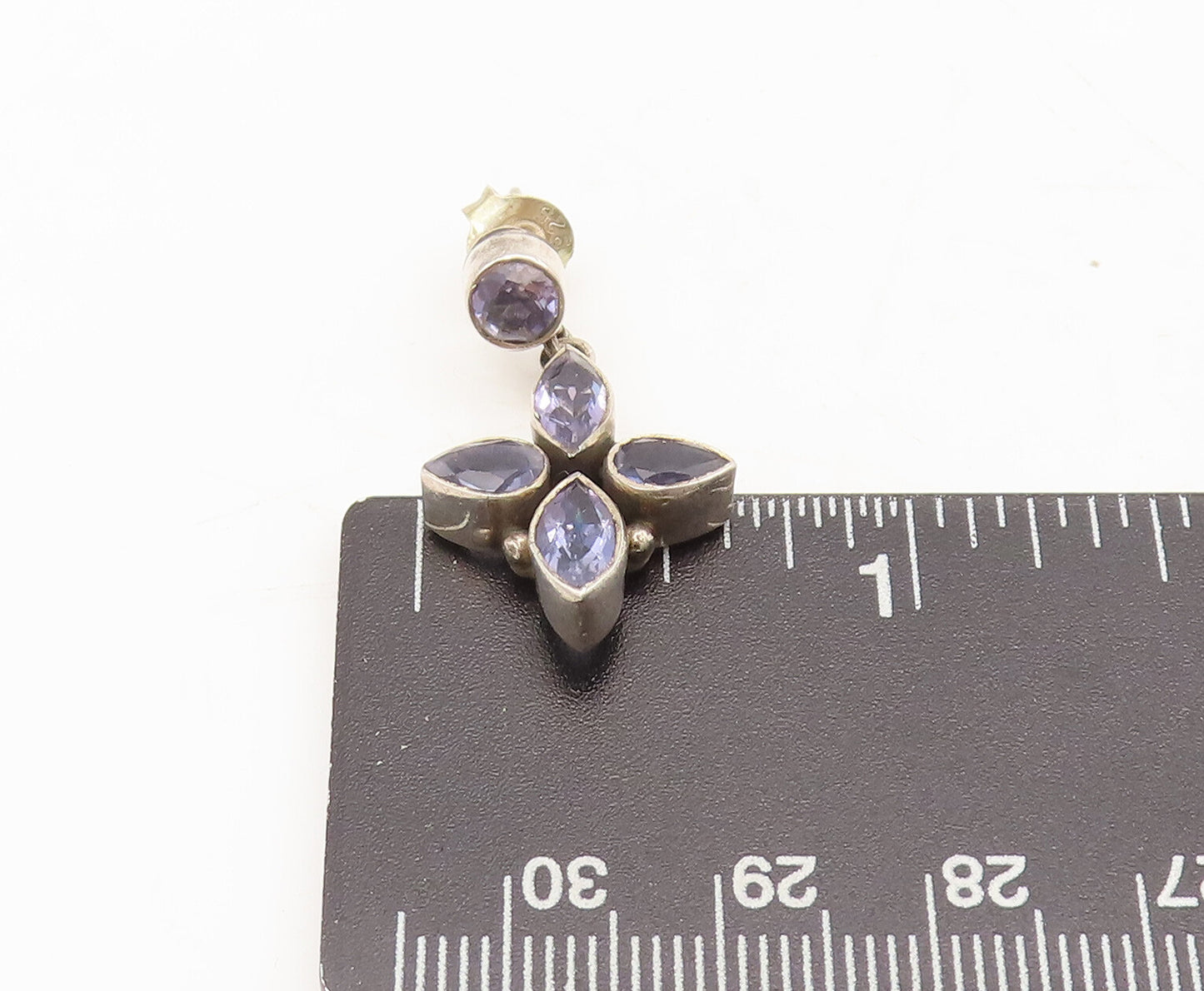 925 Sterling Silver  Vintage Purple Topaz Petal Drop Floral Earrings  EG12665