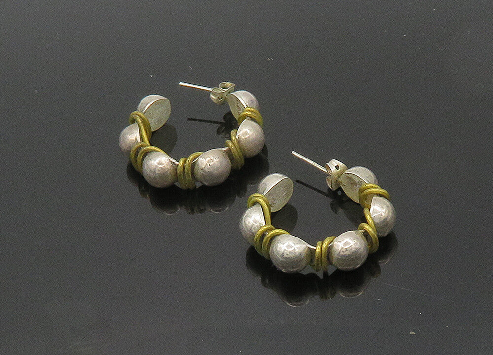 MEXICO 925 Sterling Silver  Vintage Two Tone Pattern JHoop Earrings  EG9827