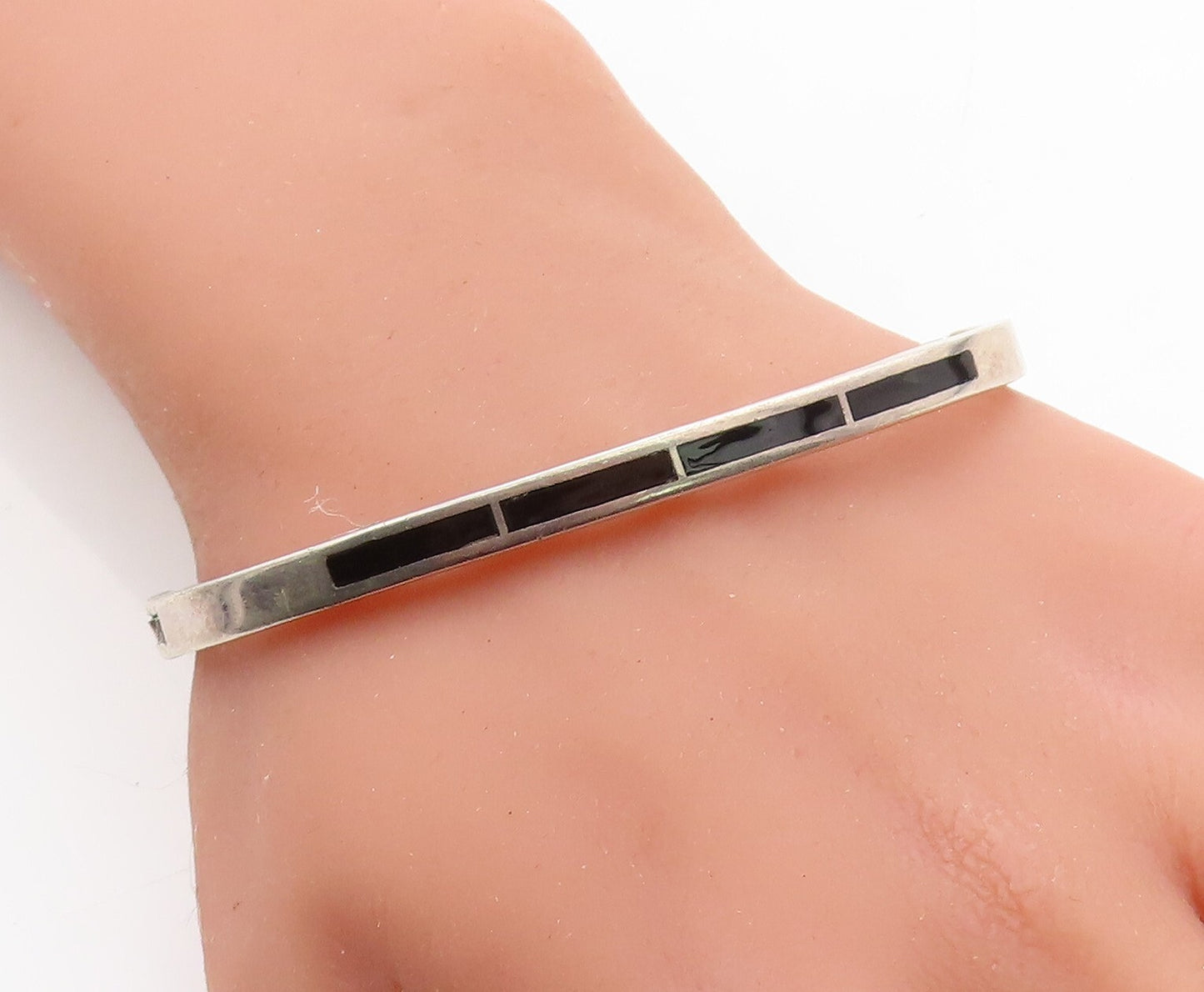 MEXICO 925 Sterling Silver Vintage Inlaid Black Onyx Oval Bangle Bracelet BT2021