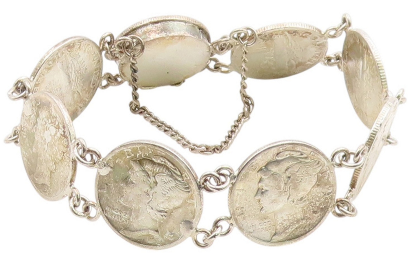 925 Sterling Silver Vintage Bracelet Modernist US One Dime Coin Link  BT12038