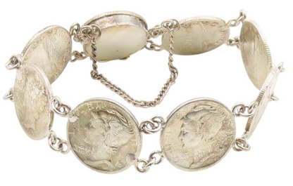 925 Sterling Silver Vintage Bracelet Modernist US One Dime Coin Link  BT12038