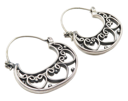 925 Sterling Silver  Vintage Dark Tone Love Heart Swirl Hoop Earrings  EG5774