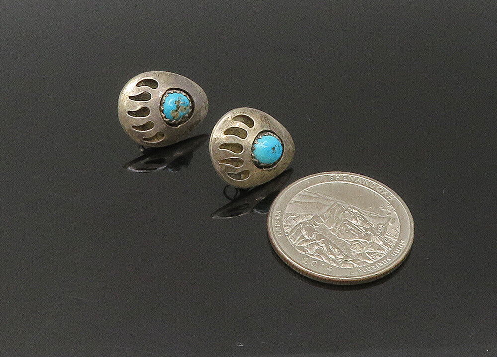 NAVAJO 925 Sterling Silver  Vintage Turquoise Bear Claw Drop Earrings  EG11012