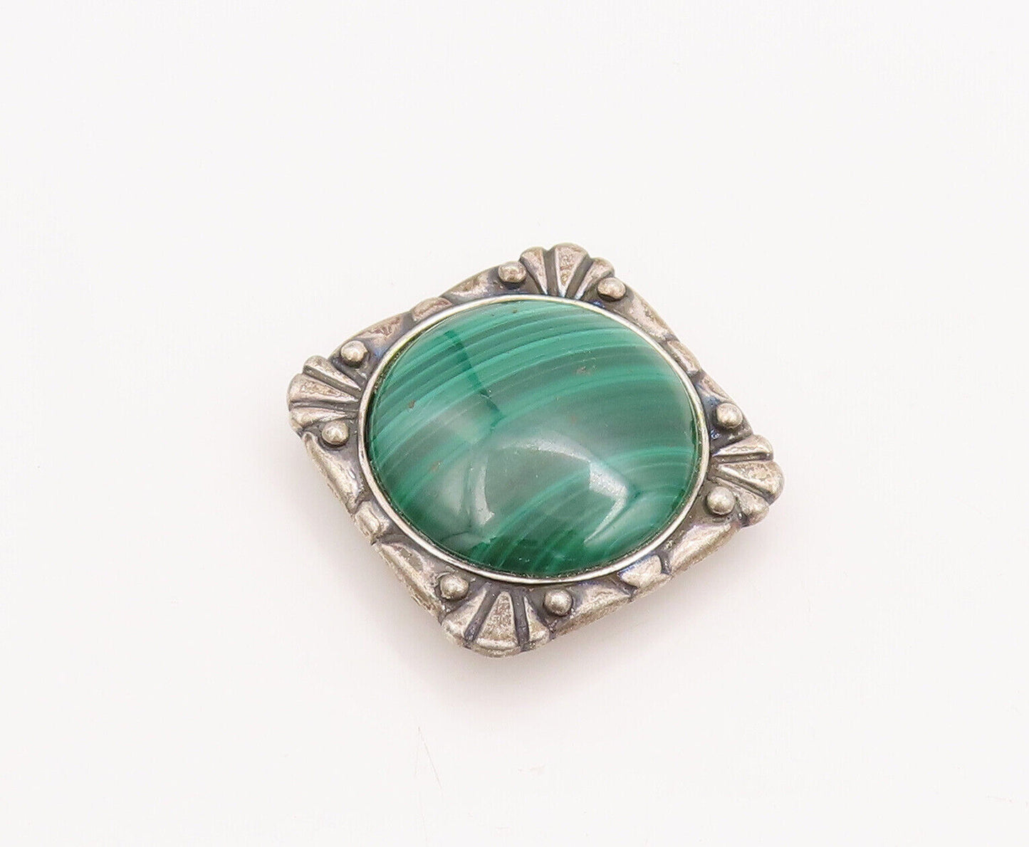 925 Sterling Silver Vintage Brooch Pin Round Malachite Carved Frame  BP10862