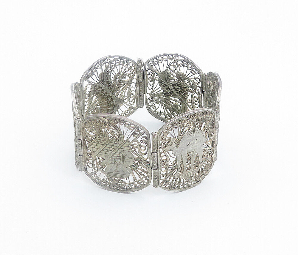 925 Sterling Silver Vintage Antique Filigree Panel Chain Bracelet BT3374