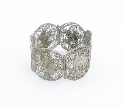 925 Sterling Silver Vintage Antique Filigree Panel Chain Bracelet BT3374
