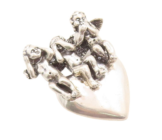 925 Sterling Silver Vintage Pendant KABANA 3 Monkeys Of Gandhiji Heart PT23784