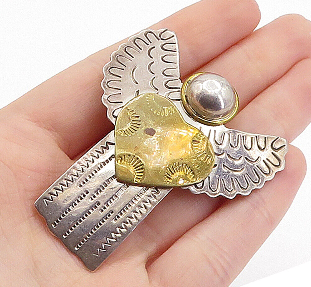 MEXICO 925 Sterling Silver  Vintage Two Tone Angel Motif Brooch Pin  BP2394