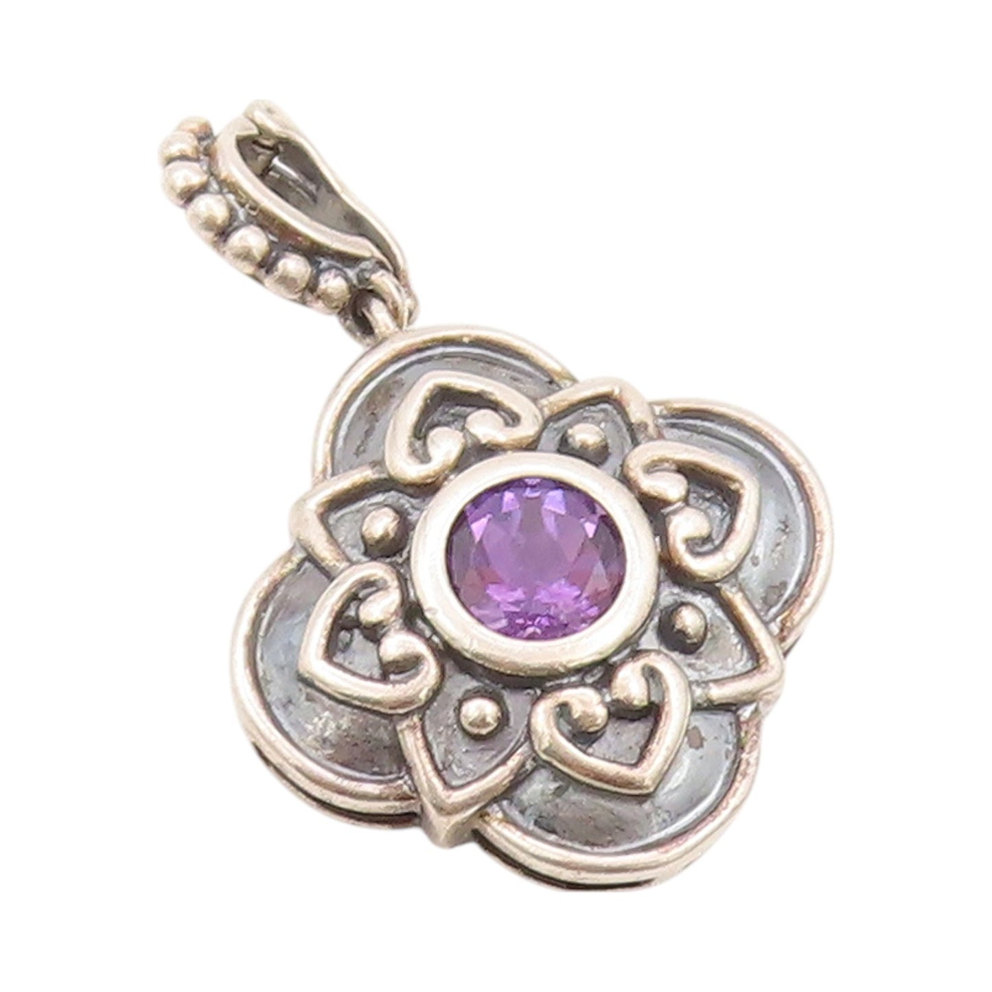 925 Sterling Silver Vintage Pendant Dark Tone Amethyst Floral Carved   PT24099