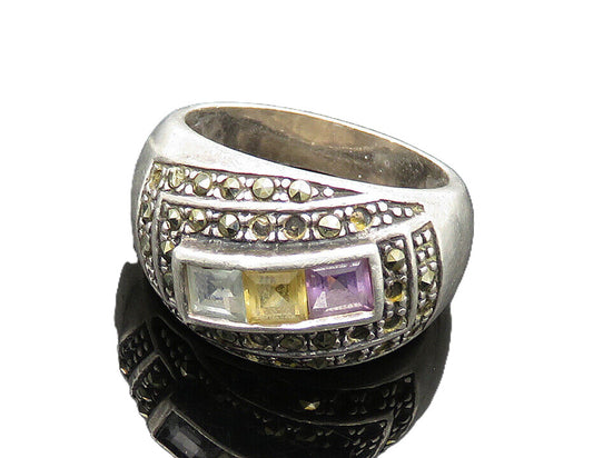 925 Silver  Vintage Citrine Amethyst Topaz & Marcasite Band Ring Sz 7  RG20041