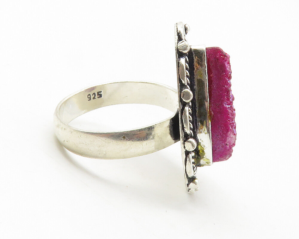 925 Sterling Silver  Vintage Magenta Druzy Stone Cocktail Ring Sz 8.5  RG11776