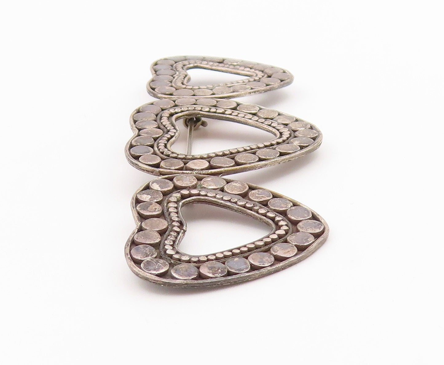 925 Sterling Silver Vintage Brooch Pin Beaded Cutout Linked Love Hearts  BP10736