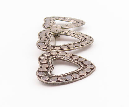 925 Sterling Silver Vintage Brooch Pin Beaded Cutout Linked Love Hearts  BP10736