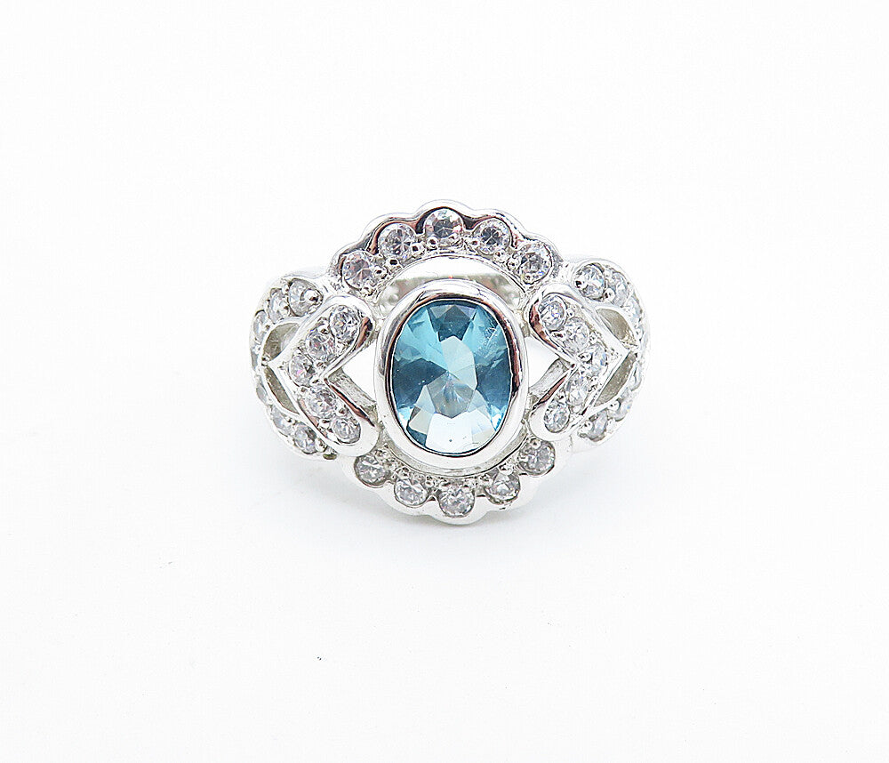 925 Sterling Silver  Blue & White Topaz Love Heart Cocktail Ring Sz 7  RG6062