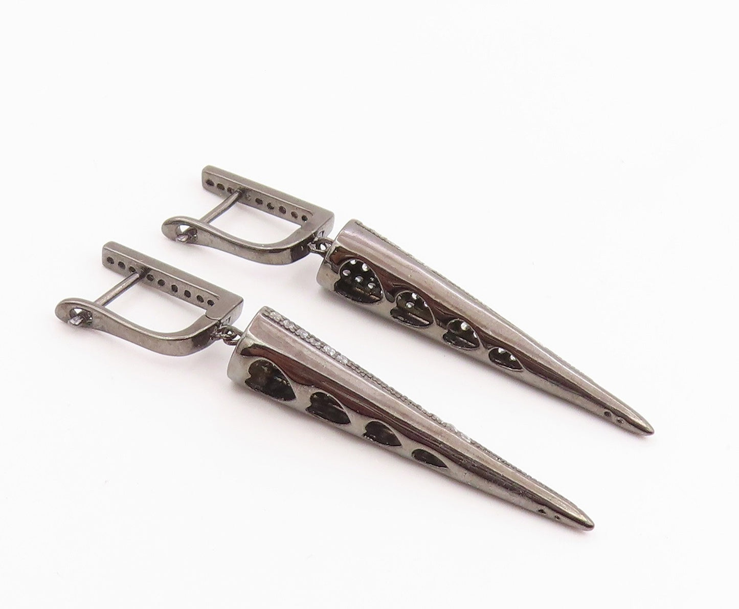 925 Sterling Silver Vintage Earrings CZ Dark Tone Geometric Cone Dangle  EG14222
