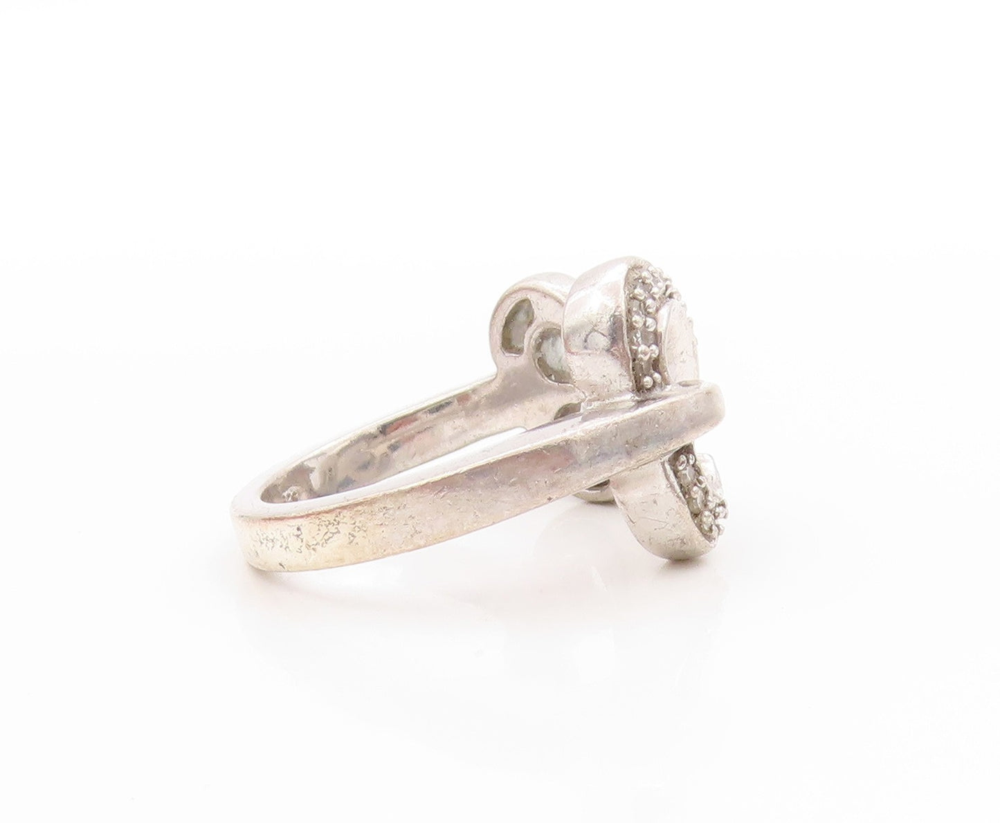 925 Sterling Silver Vintage Ring Real Diamonds Love Heart Knot  Sz 6.5  RG33735