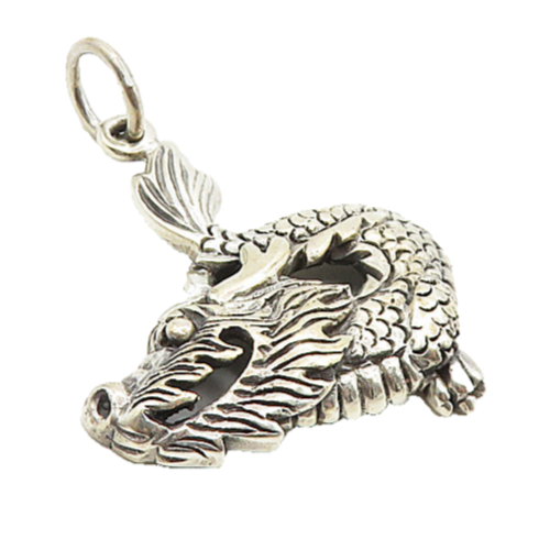 925 Sterling Silver  Vintage Shiny Etched Dragon Motif Drop Pendant  PT6822