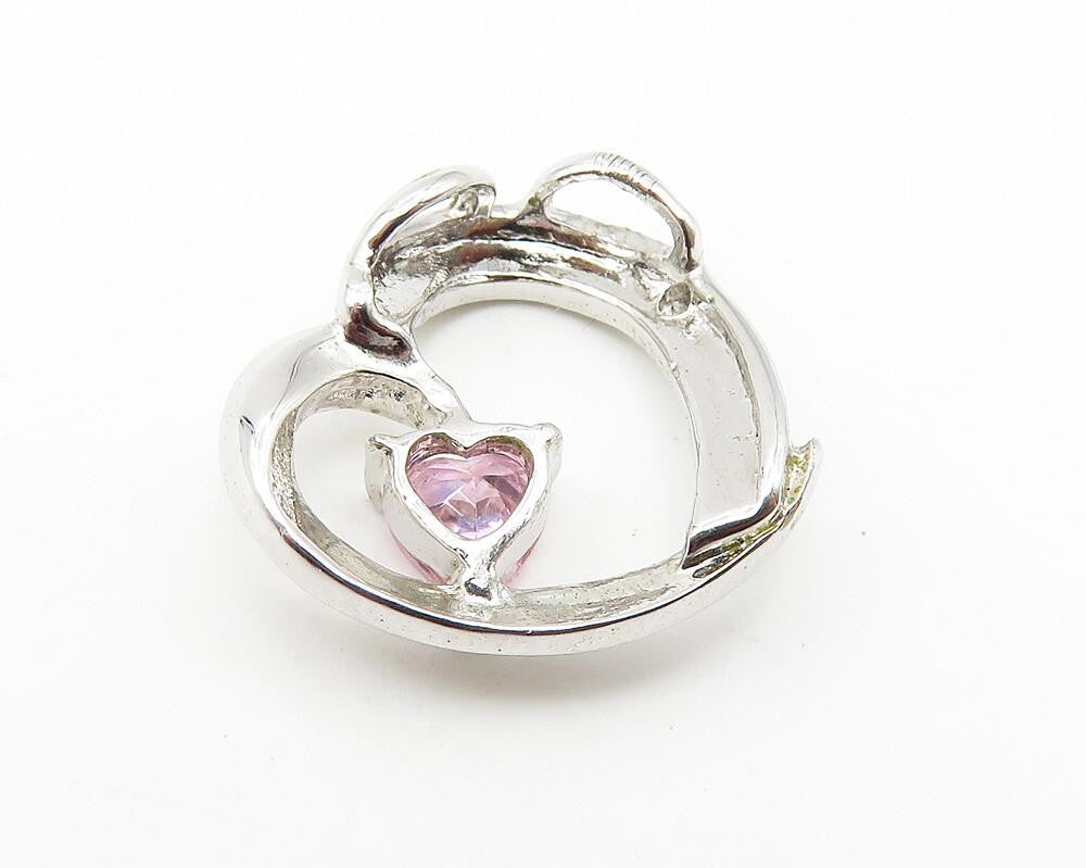 925 Sterling Silver  Pink Topaz Shiny Open Love Heart Motif Pendant  PT8306