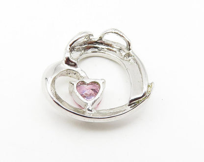 925 Sterling Silver  Pink Topaz Shiny Open Love Heart Motif Pendant  PT8306