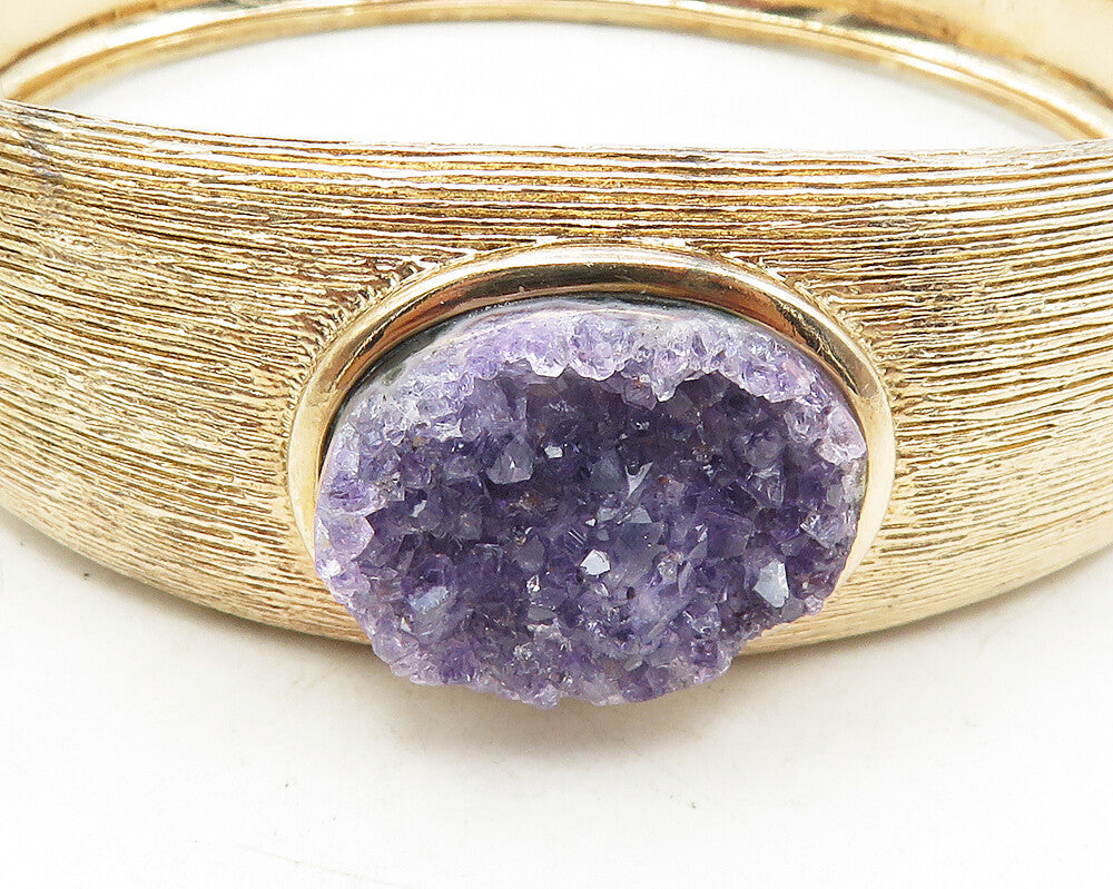 925 Sterling Silver  Vintage Amethyst Textured Hinge Bangle Bracelet  BT4331