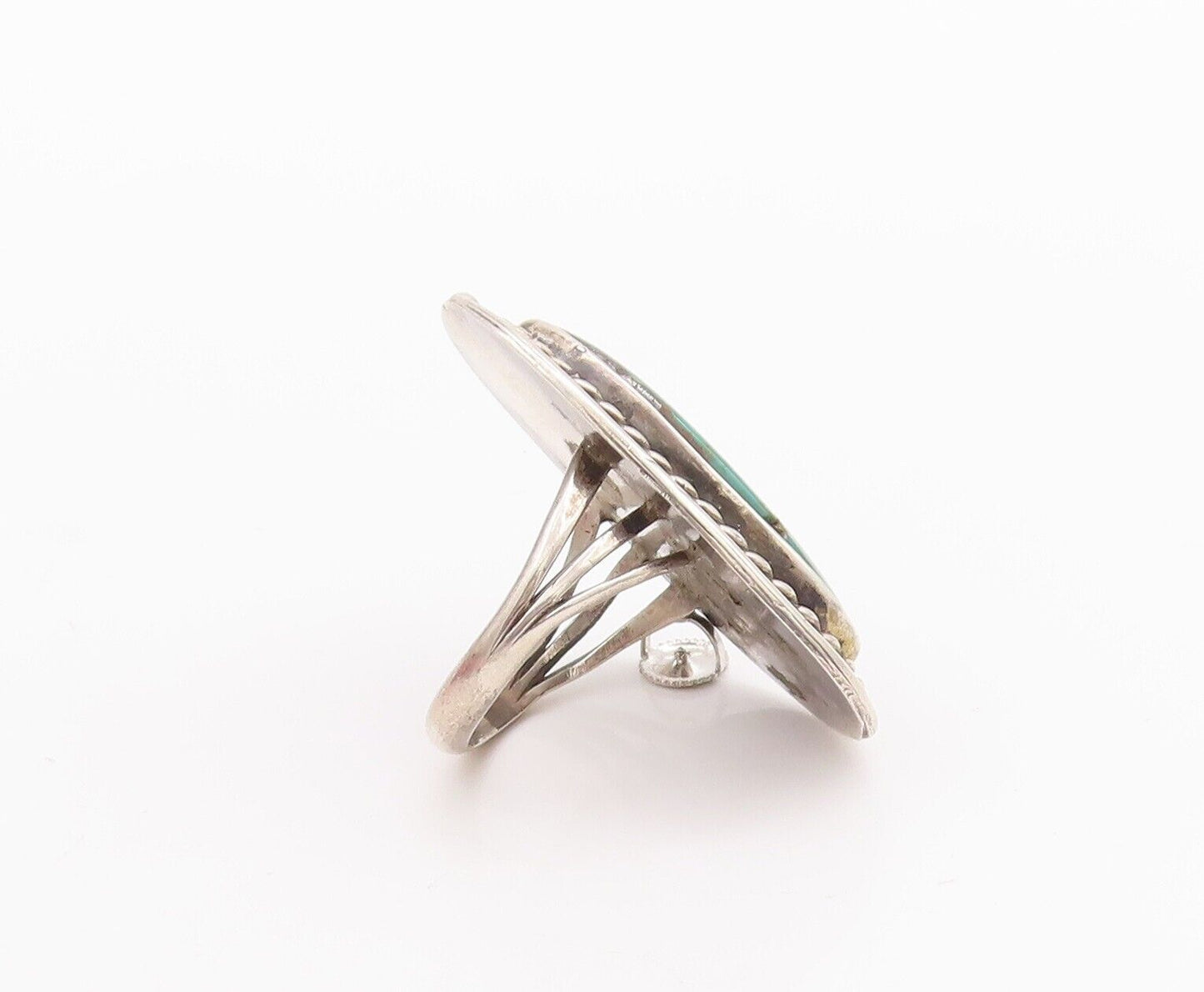 925 Sterling Silver Vintage Ring NAVAJO Oval Turquoise Halo Roped Sz 9.5 RG28610