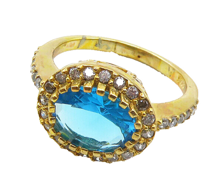 925 Sterling Silver  Vintage Blue Topaz Gold Plated Band Ring Sz 6  RG19694