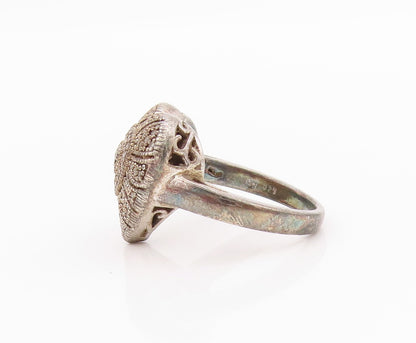 925 Sterling Silver Vintage Ring Designer Diamonds Inlay Heart  Sz 7  RG33231